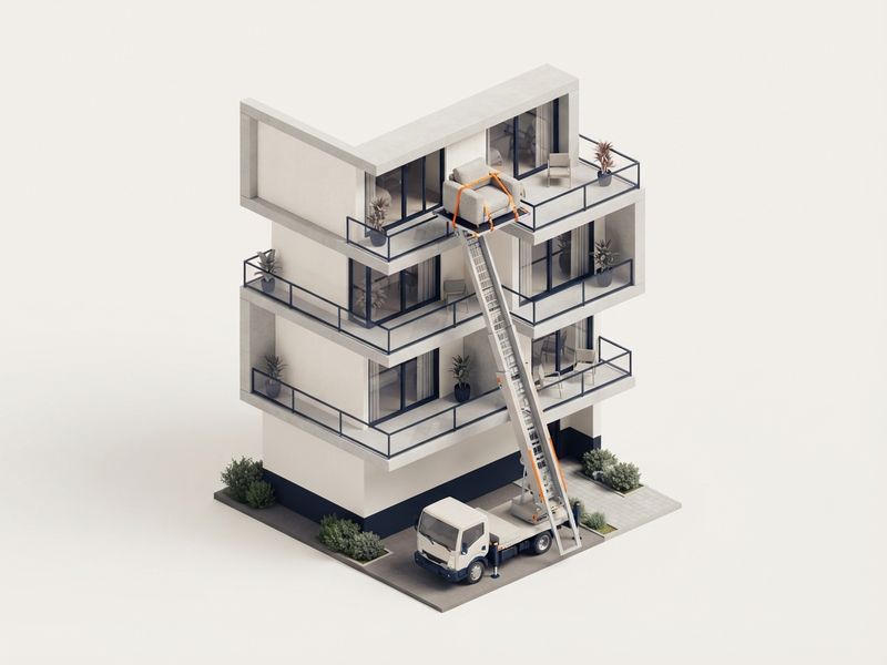 Illustration: Möbellift an einem Mehrfamilienhaus