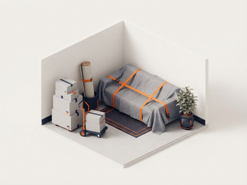 Illustration: Wohnzimmer mit verpacktem Sofa und Umzugskartons
